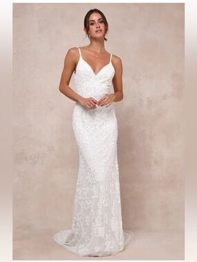 NWT Everlasting Passion White Sequin Beaded Backless Maxi Wedding Dress Bride